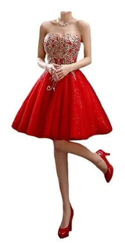 Vestido debutante vermelho 2025 e dourado