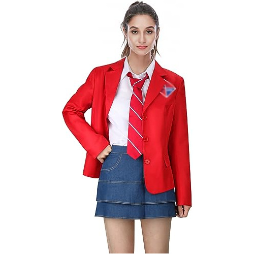 Conjunto Disfraz Escolar Uniforme Mujer Falda Chaqueta Camisa Corbata Rojo Cosplay