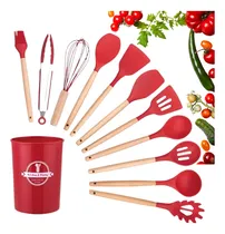Comprar Set Utensilios De Cocina Punta Silicona Mango Madera Kit X12