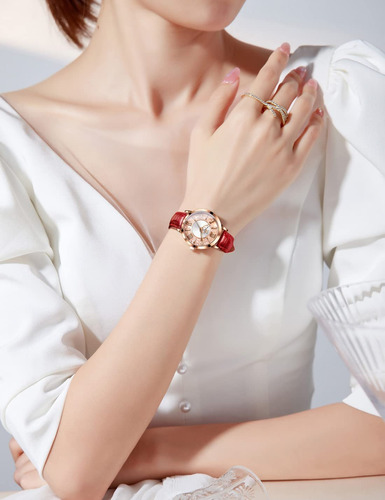 Reloj Olevs/5539 Dorado Para Mujer Con Correa De Cuero Rojo Dorado/rosa Rosa