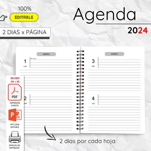 Agenda 2024 Imprimible 2 Dias X Hoja Editable 100% Ppt + Pdf