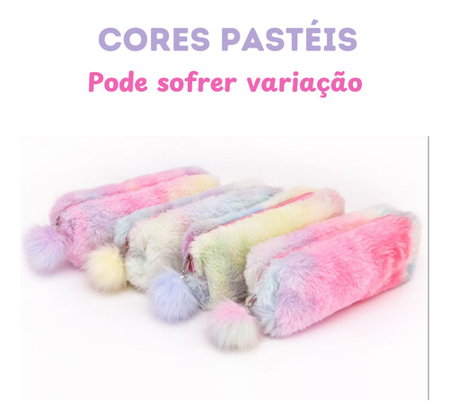 Estojo Escolar Pelúcia Fofo Com Pompom Cores Pastéis