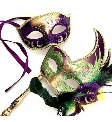 Masqstudio Mardi Gras Masquerade Ball Mask Pair Handle Stick