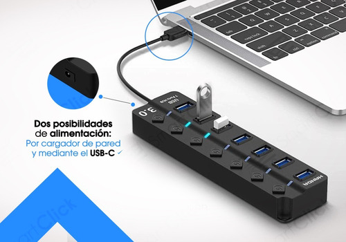 Imagen 2 de 10 de Hub Usb 3.0 Multiplicador 7 Teclas Led 5gbps + Cable Fuente