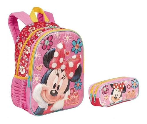 Mochila Costas M Minnie 19x Paete 3d Sestini Rosa + Estojo