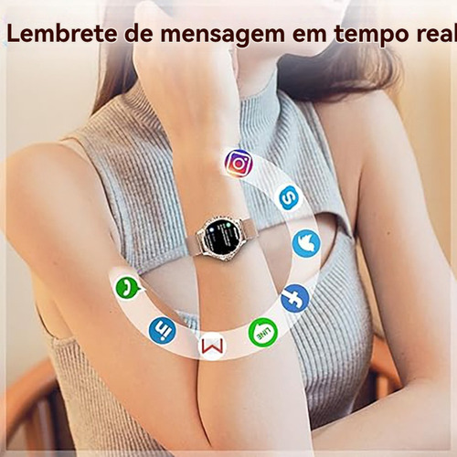 Relógio Smartwatch Mulheres Hk27 Prata 1.31in 41mm Clássico Mostrador Redondo Decoração De Diamante 2pulseira Ip67 Com Bluetooth Gpt Lançamento2025
