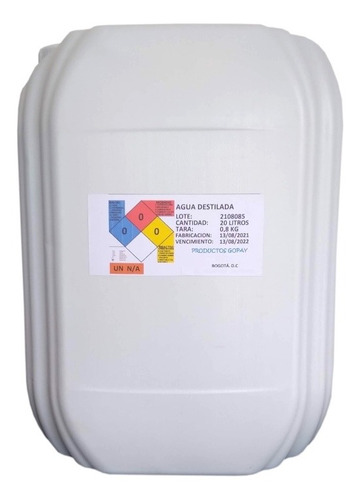 Agua Destilada/ Desionizada 20l - mL a $2500