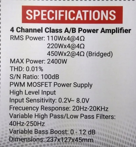 Imagen 6 de 6 de Amplificador Rock Series 4 Canales 2400w Clase Ab Rks-p110.4