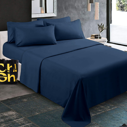 Oh! Sheets Juego De Sabanas Microfibra 7 Piezas Matrimonial Azul Liso
