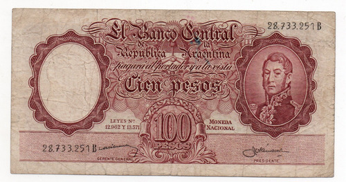 Billete Argentina 100 Pesos Moneda Nacional Bottero 2052