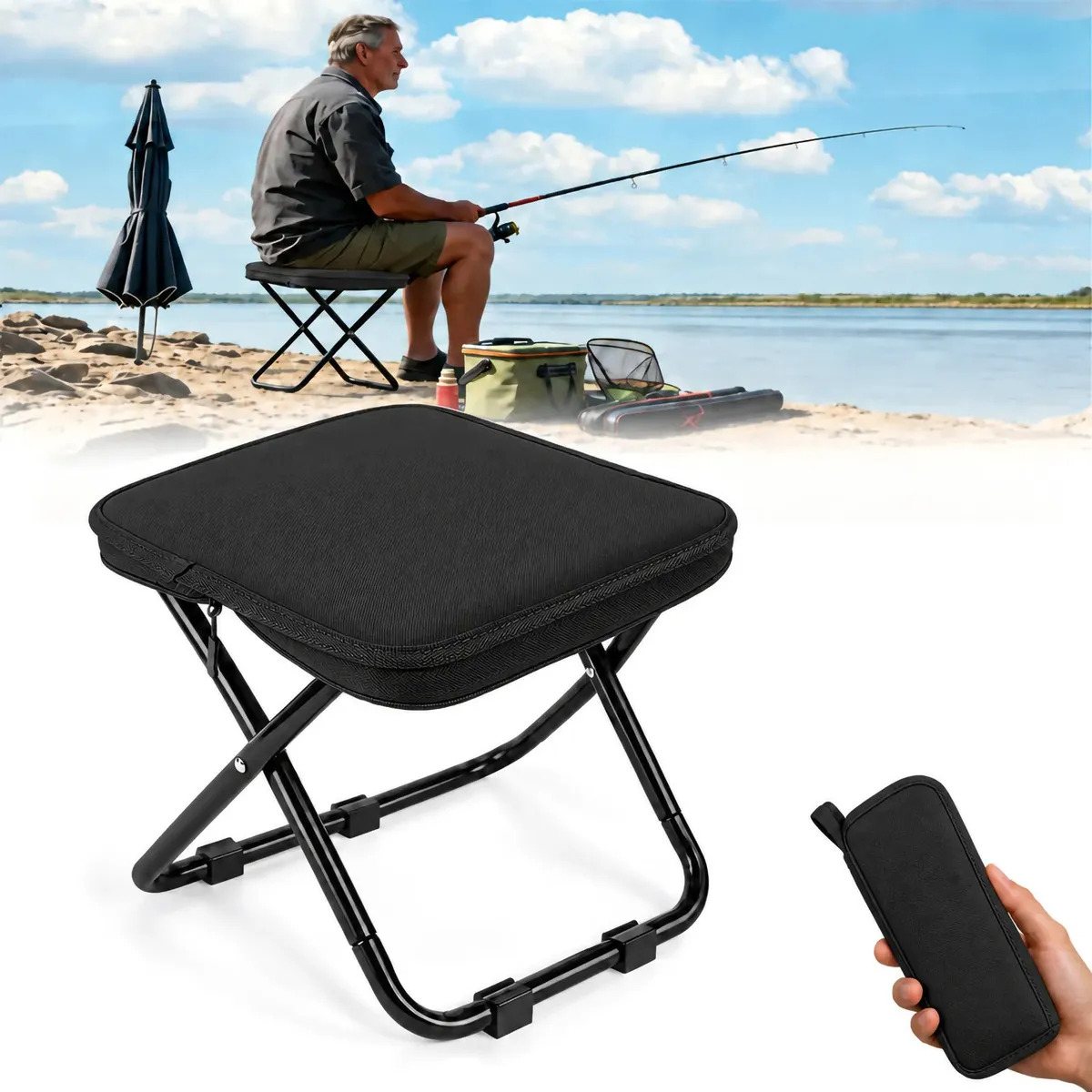 Mini Cadeira Dobravel Portatil Preto, Banqueta Dobravel Camping, Banco Dobravel Com Bolsa, Kit Cadeira Dobravel Pesca, Cadeira Camping E Pesca, Cadeira Portatil Dobravel, Equipamentos De Pesca