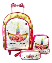 Comprar Mochila Flores Unicornio Rodinhas Lancheira Estojo Escolar