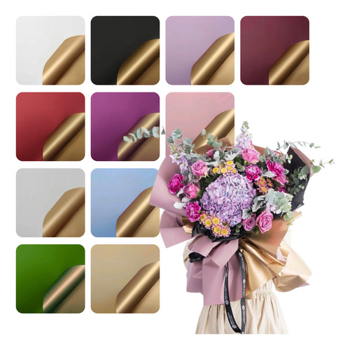 Papel Coreano Bopp Flores Diseño Cara Dorada X20u 3055 Negro Dorado