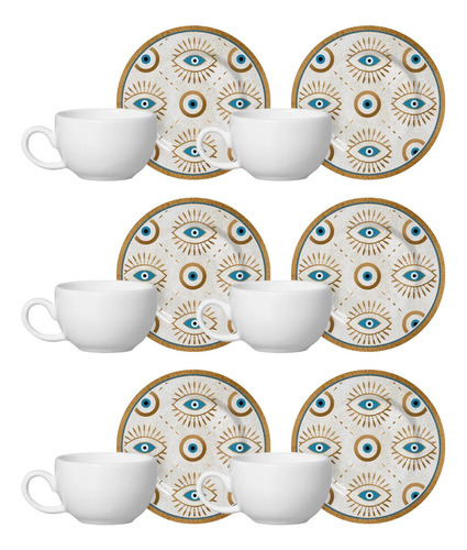Xícara De Café Com Pires De Ceramica 80ml Jogo 6 Unidades Cor Olho Grego