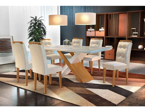 Conjunto De Mesa De Jantar Com Vidro E 6 Cadeiras Impera... Cor Creme