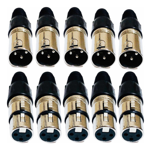 Kit 5 Pares Plug Conector Canon Xlr Macho Femea Microfone