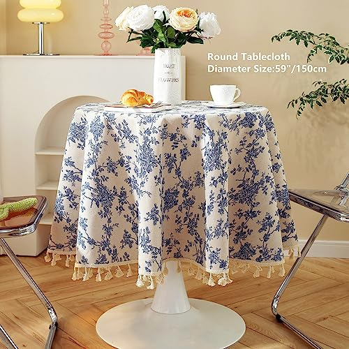 Mantel Redondo De Lino Floral Con Borlas Azules
