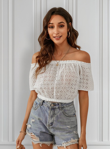 Blusa De Algodón Bordado Hombros Descubiertos Con Resorte