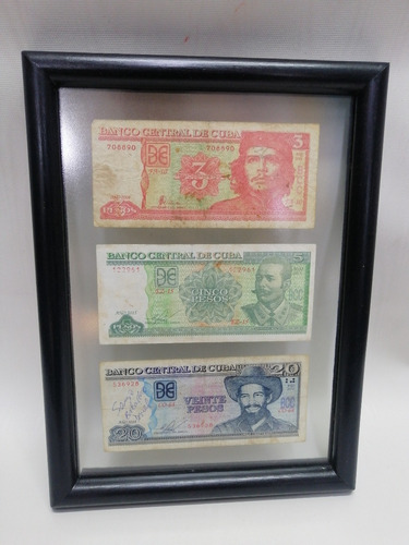 Cuadro Antiguo De Billetes Cubanos Con Vidrio Marco Madera