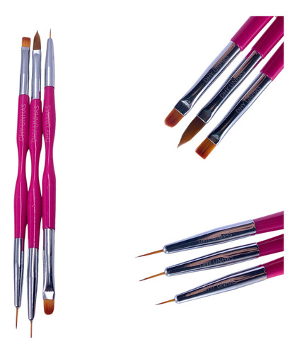 Kit Pincel Filete+pincel Oval+pincel Língua De Gato Pink Cor Rosa-chiclete