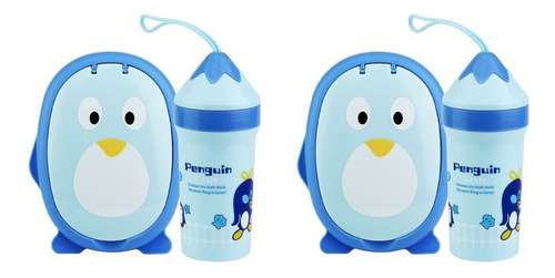 Kit 2 Marmita Garrafa C/ Talheres Pinguin Lancheira Infantil