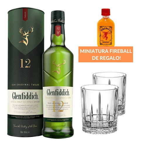 Whisky Glenfiddich 12 Años 750ml + 2 Vasos Spiegelau Cristal