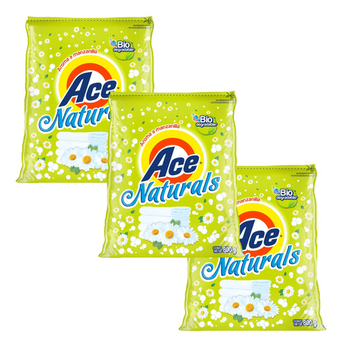 3 Bolsas Detergente En Polvo Ace Naturals 800g Manzanilla