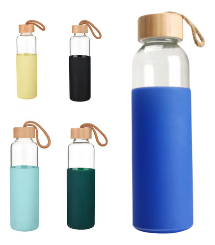 Botella De Vidrio Para Agua Bebidas Tapa De Bambu Silicona Color Azul