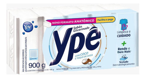 Sabão Barra Glicerinado Coco Ypê Pacote 900g 5 Unidades