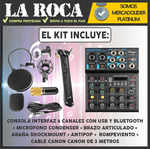 Combo Mixer Usb 6 Canales Mic Condenser Brazo Antipop