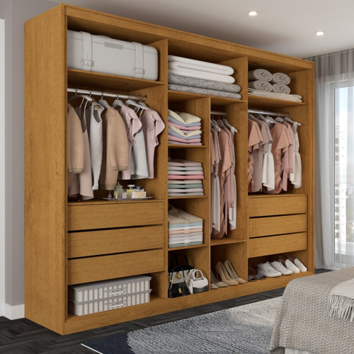 Guarda-roupa Casal Guarujá 6 Portas 6 Gavetas Com Espelho Cor Marrom