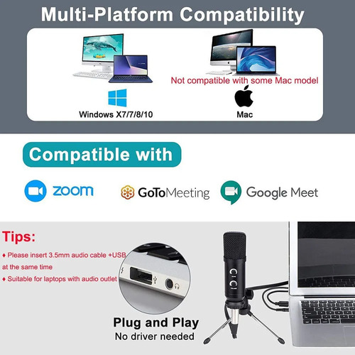 Microfono Profesional Usb Pc Lap Condensador Cardioide Gamer Color Negro
