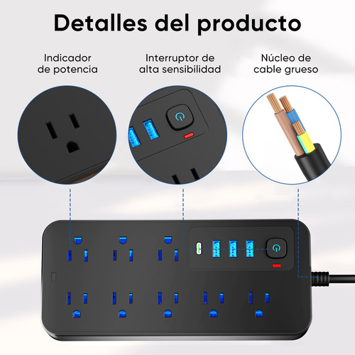 Multicontacto De 8 Tomas Con Usb Color Negro Largo Del Cable De 2m 10a