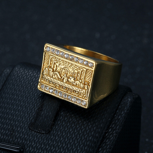 Anillo Sello Jesus Ultima Cena Diamante Ice Bling Acero Dorado 19mm