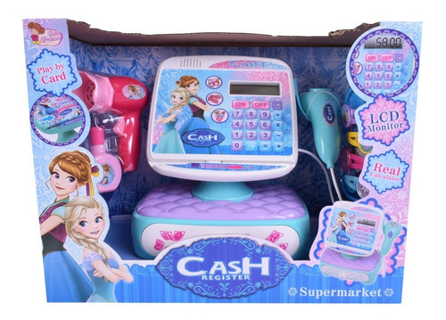 Caja Registradora Con Accesorios, Luz Y Sonido Simil Frozen Color Celeste y rosa