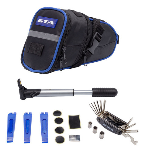 Bolsa Selim Com Kit Ferramenta Chave Bomba Porta Treco Bike Cor Preto/Azul