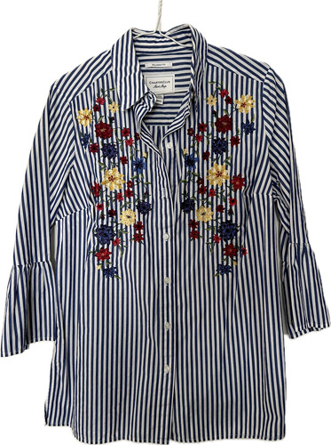 Camisa Mujer Rayas Bl Azul C Bordado Flores.charter Club Usa