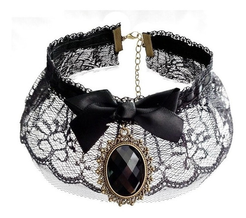 Choker Gargantilla Collar Encaje Negro Piedra Gótico Mujer