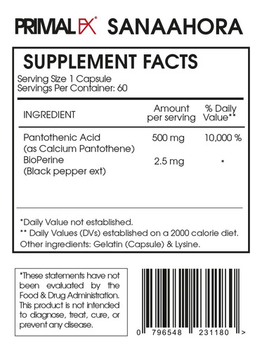 Primal Fx I Vitamina B5 + Bioperine I 60 Cap I Dr Ludwig