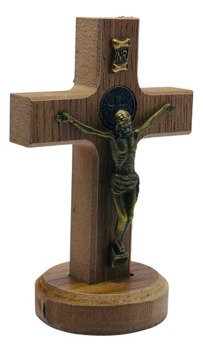 Crucifixo Cruz Mesa Parede Medalha São Bento Madeira 12cm