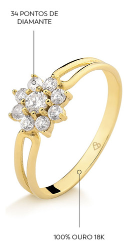 Anel De Flor Em Ouro 18k Com 34 Pontos De Diamante Aro 24