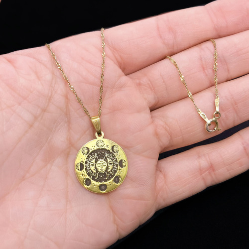 Cadena Y Dije Medalla Fases Lunares Luna Sol Oro 18k Oro 18k 55 Cm