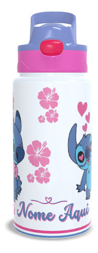 Garrafa Squeeze Alumínio Stitch E Angel Com Nome Lilás
