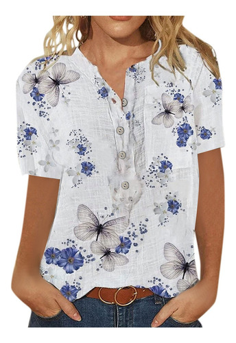 C Camisa De Manga Corta Estampada Casual Para Mujer 4454