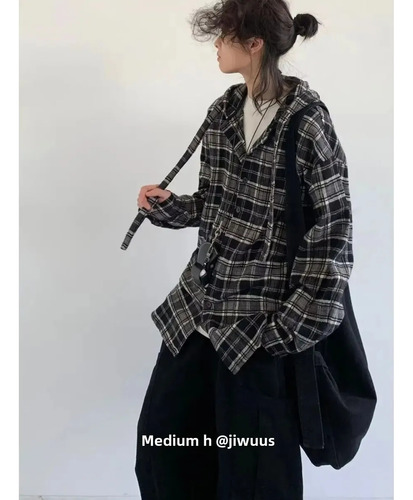 Camisa Casual De Manga Larga A Cuadros Con Capucha Negra