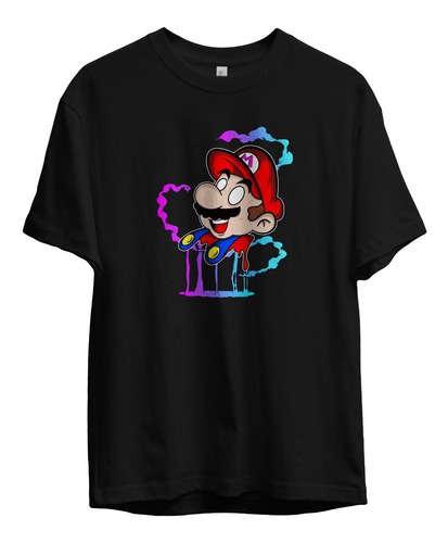 Remera Mario Bros Mario Con Humo De Colores Algodon Negra