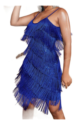 Vestido Lentejuelas Azul Flecos Importado L