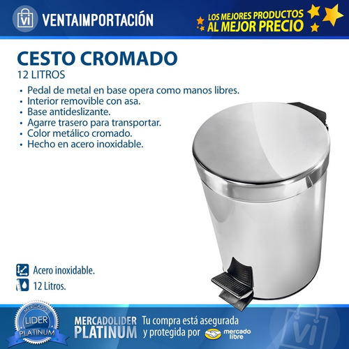 Imagen 3 de 4 de Cesto De Residuos 12 Litros Tacho Basura Apertura Con Pedal