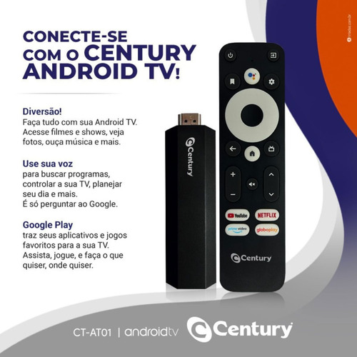 Receptor Smart Tv Android Ct-atv01 Century Preto Padrão