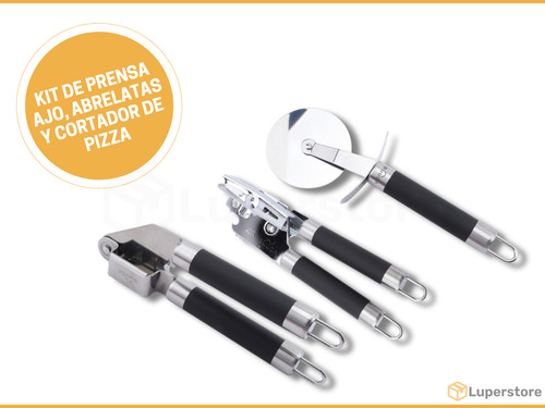 Kit X3 Utensilios Prensa Ajo, Abrelatas Y Cortador De Pizza